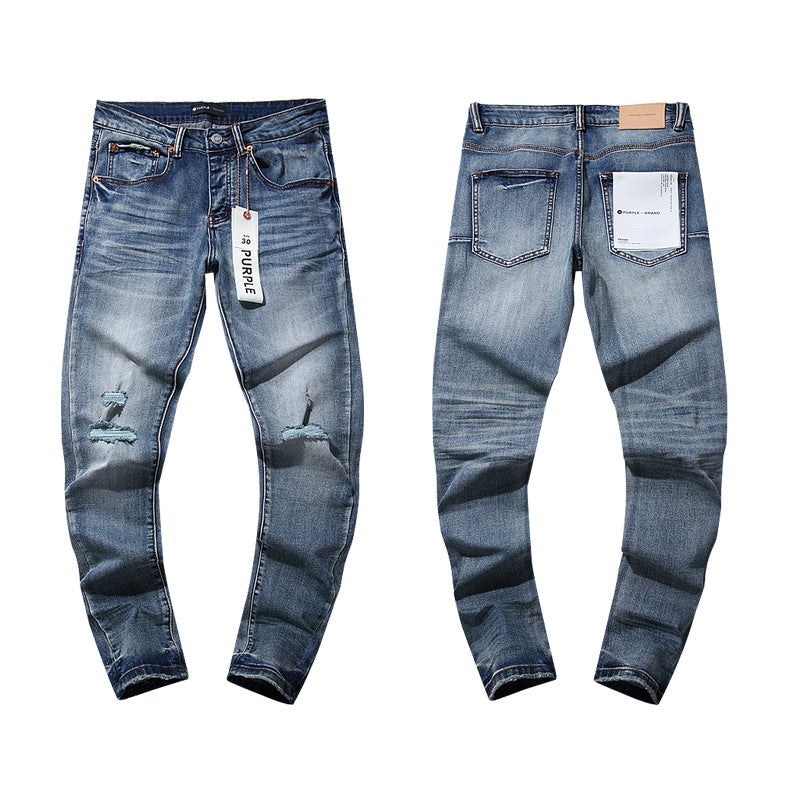 Purple New Style Splash-Ink Print Trendy High Street Retro Ripped Casual Trendy Unisex Denim Pants - Image 5